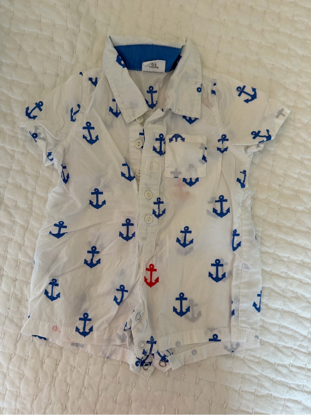 Egg, White Short-Sleeve Button-Front Baby Bodysuit with Blue Anchor Print